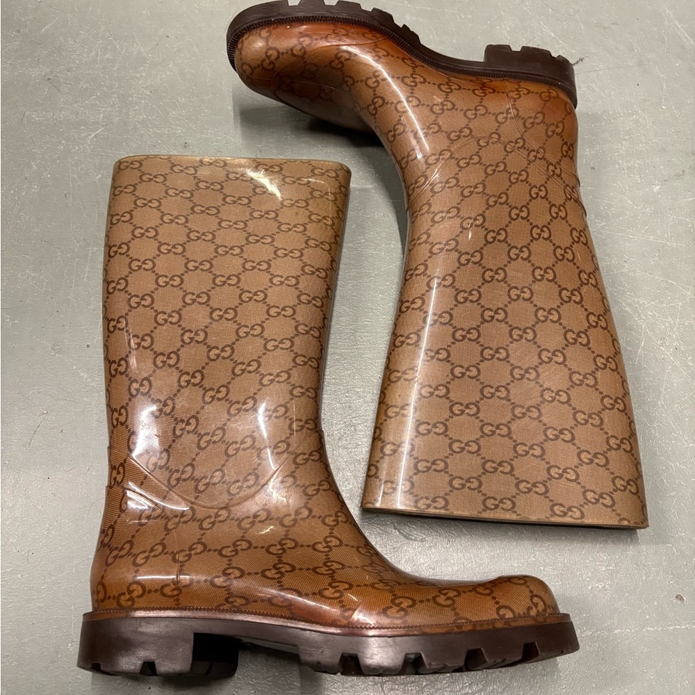 Gucci Brown Monogram Glossy Rain Boots